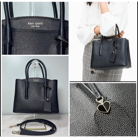 Kate Spade Black Leather Margaux Satchel Tote with Crossbody Strap